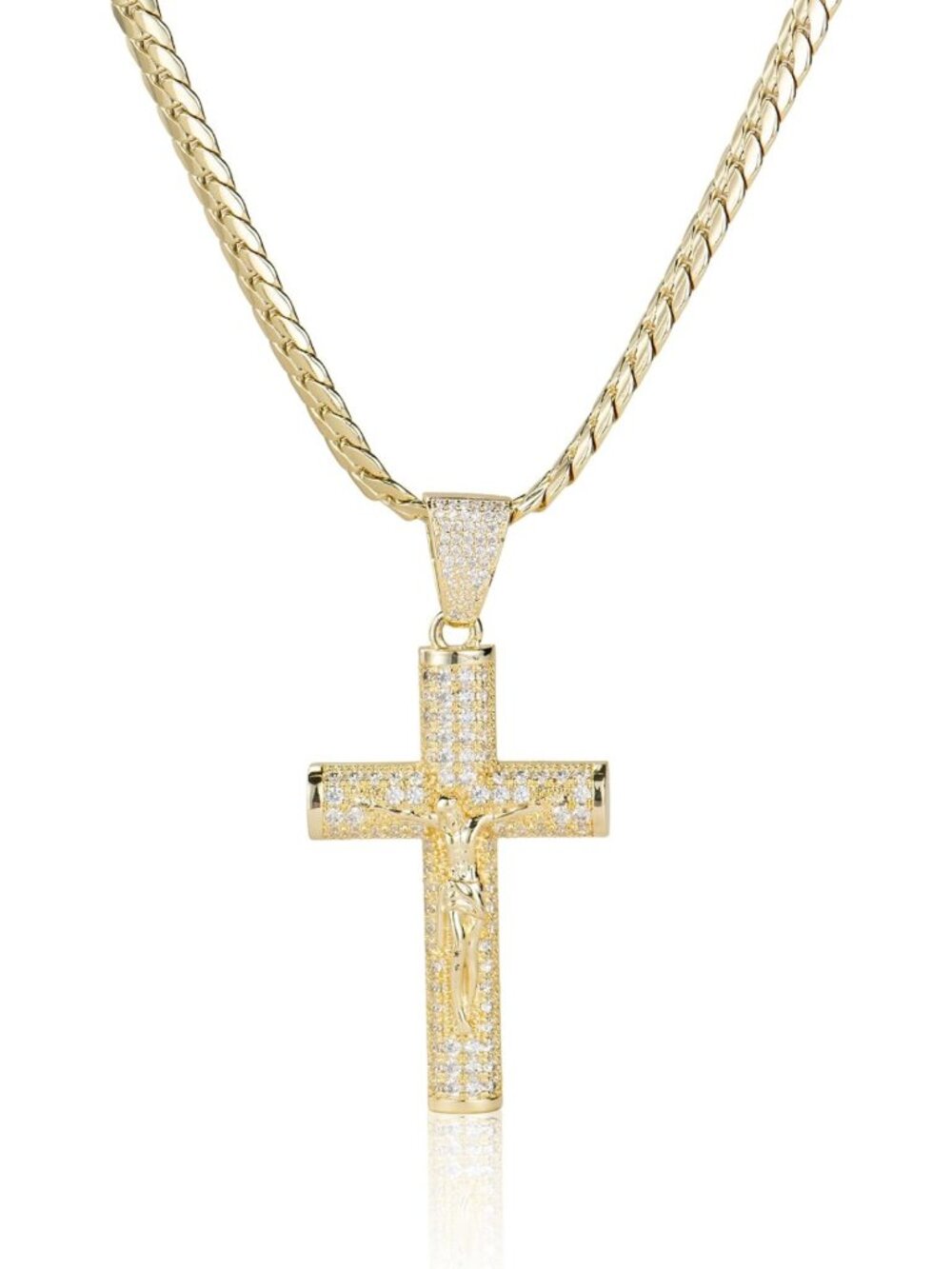 14K Gold-Plated Miami Chain Cross Necklace, Jesus Crucifix Pendant, 24" Luxury